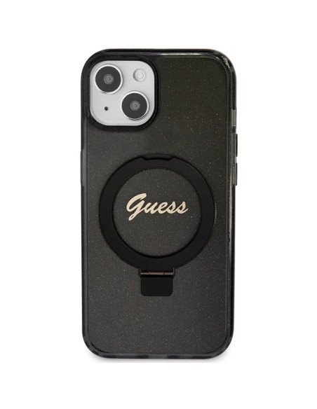 Etui Guess Ring Stand Script Glitter MagSafe na iPhone 15 Plus / 14 Plus - czarne Etui Guess Ring Stand Script Glitter MagSafe na iPhone 15 Plus / 14 Plus - czarne