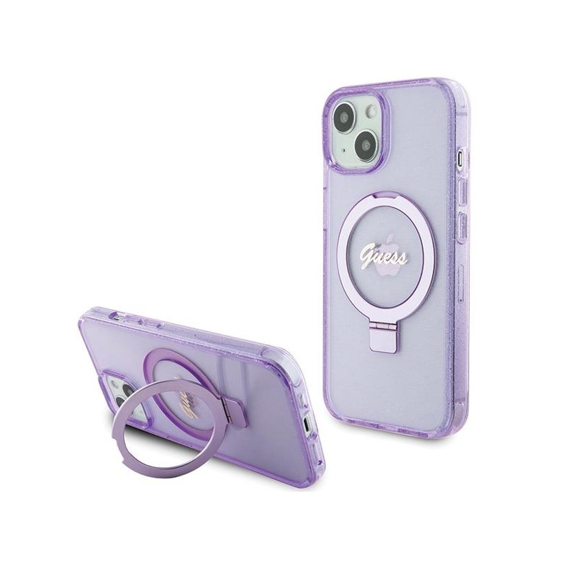 Etui Guess Ring Stand Script Glitter MagSafe na iPhone 15 Plus / 14 Plus - fioletowe Etui Guess Ring Stand Script Glitter MagSafe na iPhone 15 Plus / 14 Plus - fioletowe