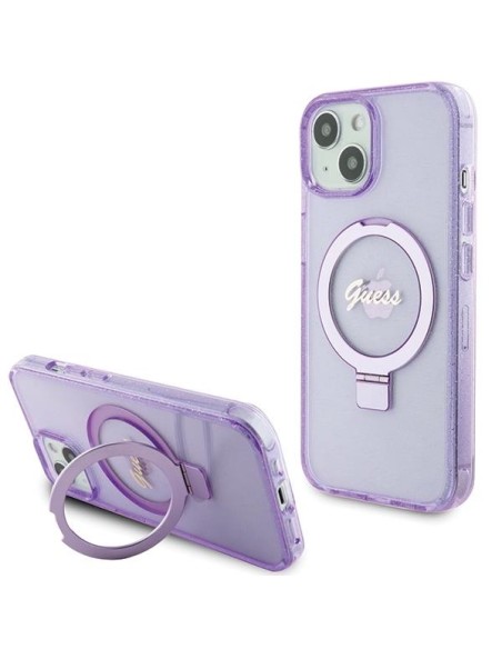 Etui Guess Ring Stand Script Glitter MagSafe na iPhone 15 Plus / 14 Plus - fioletowe Etui Guess Ring Stand Script Glitter MagSafe na iPhone 15 Plus / 14 Plus - fioletowe