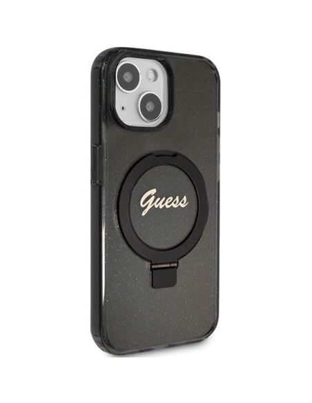 Etui Guess Ring Stand Script Glitter MagSafe na iPhone 15 - czarne