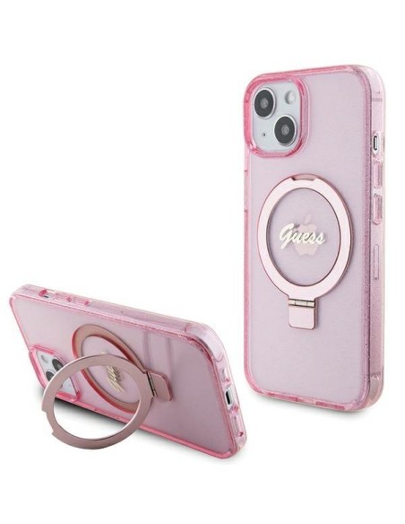 Etui Guess Ring Stand Script Glitter MagSafe na iPhone 15 - różowe Etui Guess Ring Stand Script Glitter MagSafe na iPhone 15 - różowe
