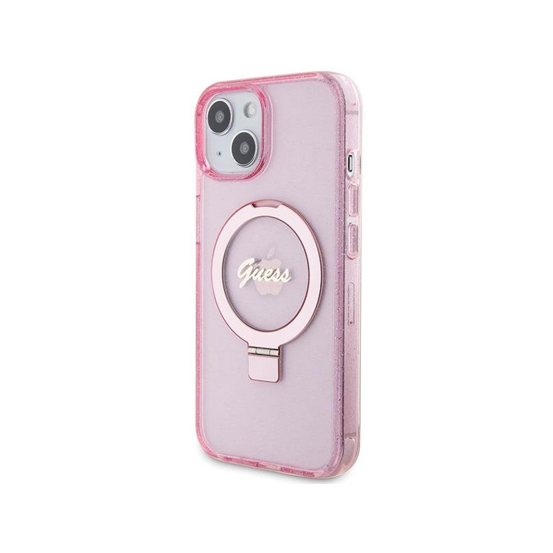 Etui Guess Ring Stand Script Glitter MagSafe na iPhone 15 - różowe