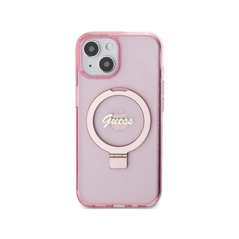 Etui Guess Ring Stand Script Glitter MagSafe na iPhone 15 - różowe