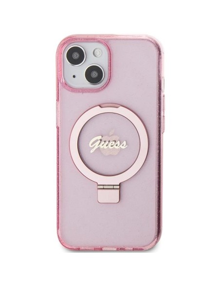 Etui Guess Ring Stand Script Glitter MagSafe na iPhone 15 - różowe Etui Guess Ring Stand Script Glitter MagSafe na iPhone 15 - różowe