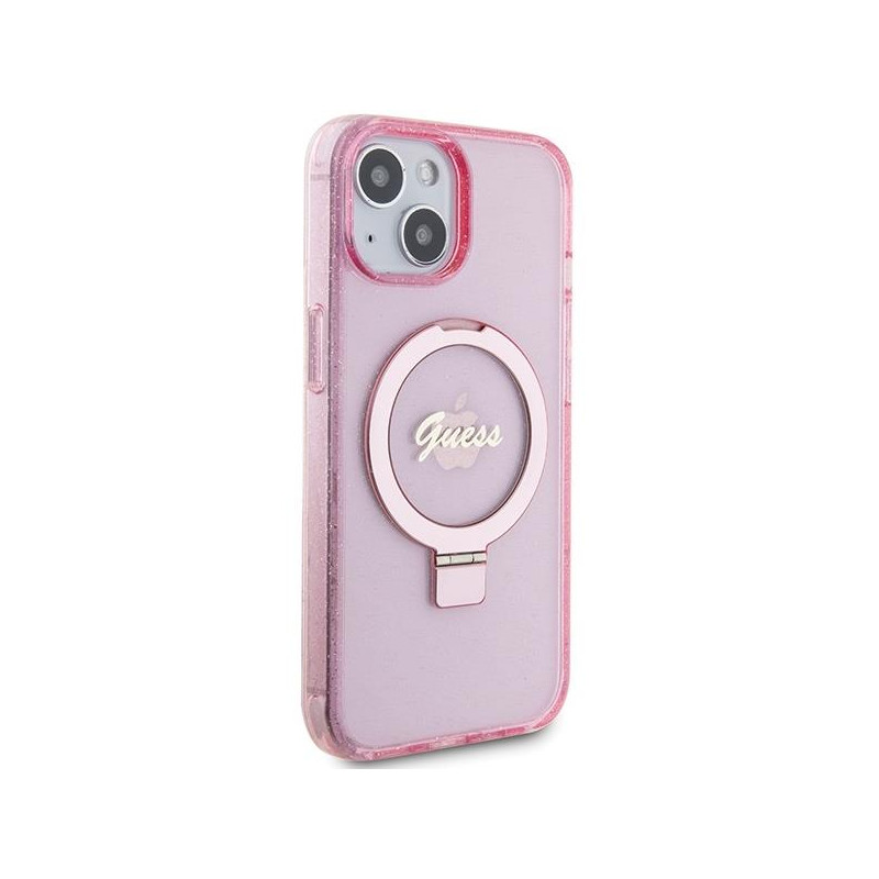 Etui Guess Ring Stand Script Glitter MagSafe na iPhone 15 - różowe