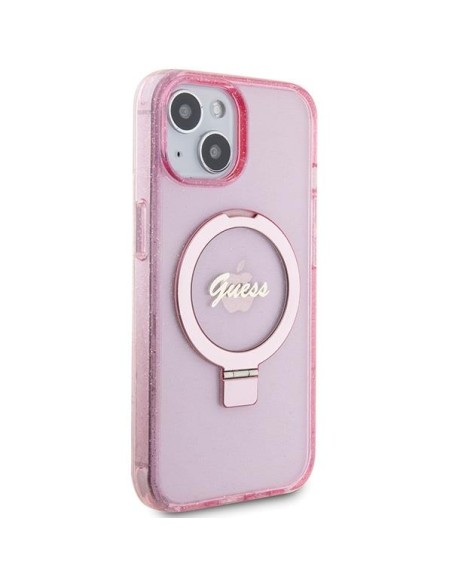 Etui Guess Ring Stand Script Glitter MagSafe na iPhone 15 - różowe Etui Guess Ring Stand Script Glitter MagSafe na iPhone 15 - różowe