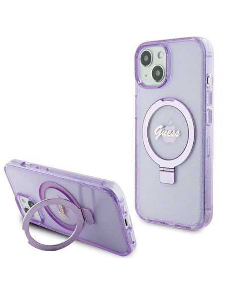 Etui Guess Ring Stand Script Glitter MagSafe na iPhone 15 - fioletowe Etui Guess Ring Stand Script Glitter MagSafe na iPhone 15 - fioletowe