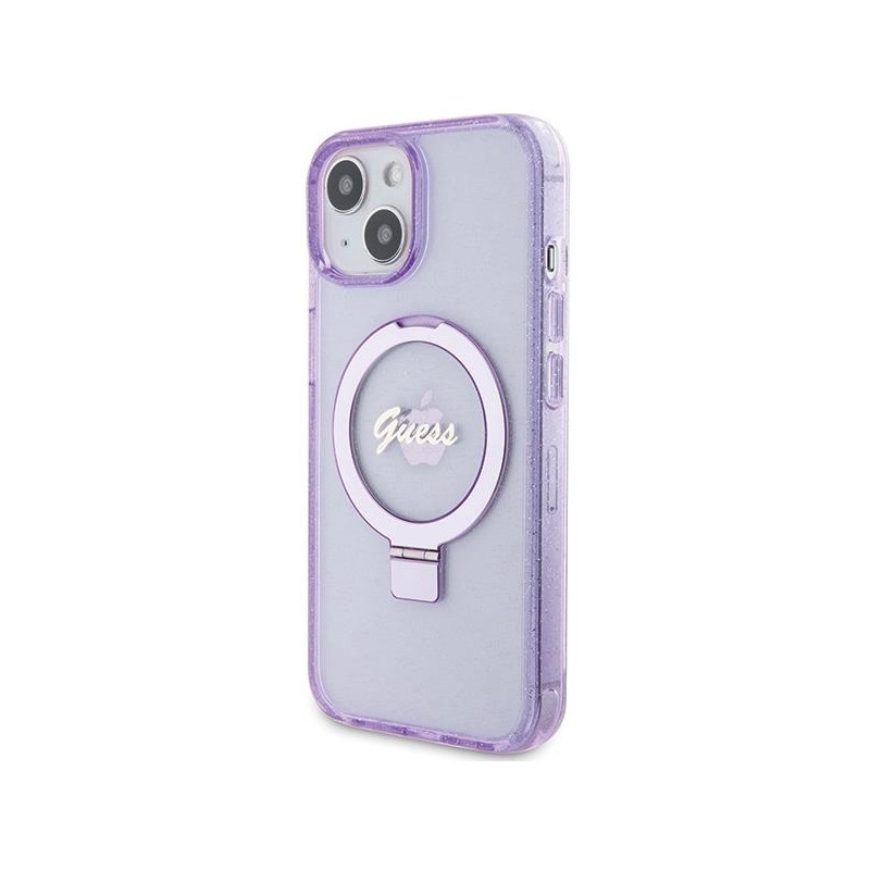 Etui Guess Ring Stand Script Glitter MagSafe na iPhone 15 - fioletowe