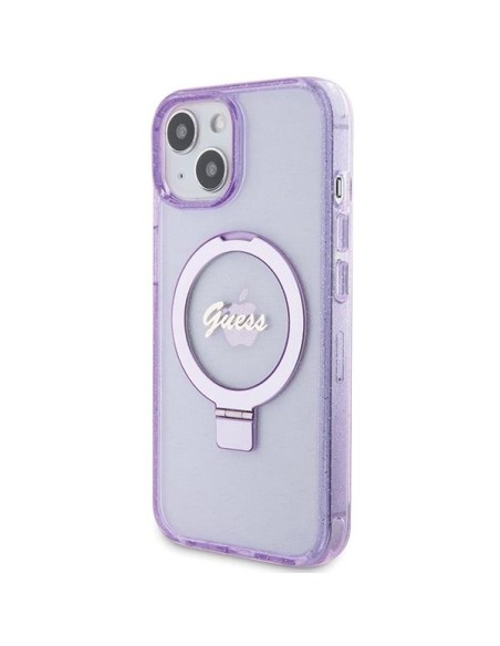 Etui Guess Ring Stand Script Glitter MagSafe na iPhone 15 - fioletowe Etui Guess Ring Stand Script Glitter MagSafe na iPhone 15 - fioletowe