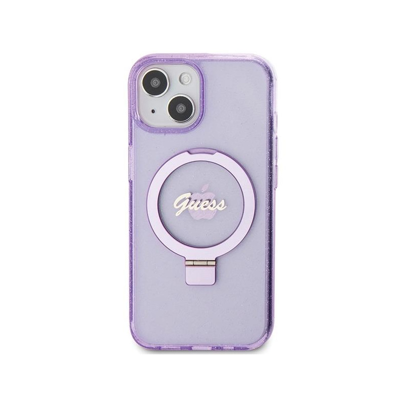 Etui Guess Ring Stand Script Glitter MagSafe na iPhone 15 - fioletowe