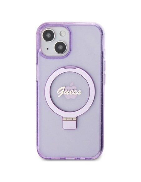Etui Guess Ring Stand Script Glitter MagSafe na iPhone 15 - fioletowe Etui Guess Ring Stand Script Glitter MagSafe na iPhone 15 - fioletowe
