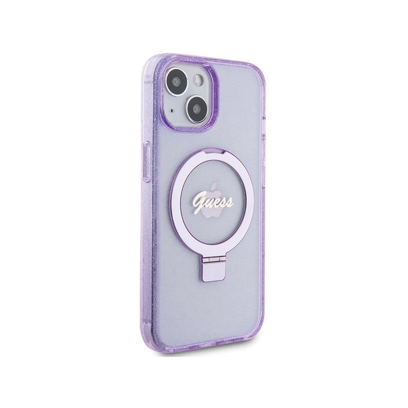 Etui Guess Ring Stand Script Glitter MagSafe na iPhone 15 - fioletowe