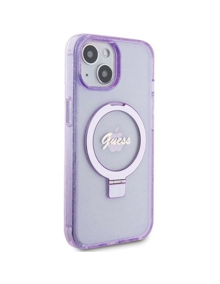 Etui Guess Ring Stand Script Glitter MagSafe na iPhone 15 - fioletowe Etui Guess Ring Stand Script Glitter MagSafe na iPhone 15 - fioletowe
