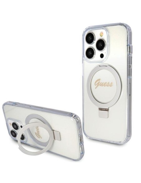 Etui Guess Ring Stand Script Glitter MagSafe na iPhone 15 Pro Max - przezroczyste Etui Guess Ring Stand Script Glitter MagSafe na iPhone 15 Pro Max - przezroczyste