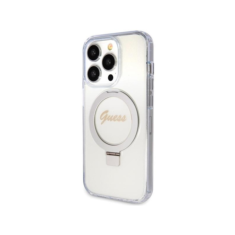 Etui Guess Ring Stand Script Glitter MagSafe na iPhone 15 Pro Max - przezroczyste