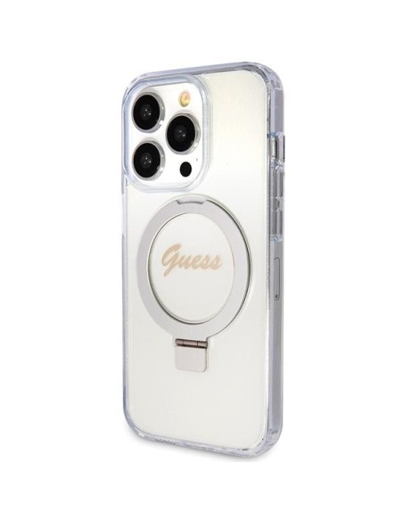 Etui Guess Ring Stand Script Glitter MagSafe na iPhone 15 Pro Max - przezroczyste Etui Guess Ring Stand Script Glitter MagSafe na iPhone 15 Pro Max - przezroczyste