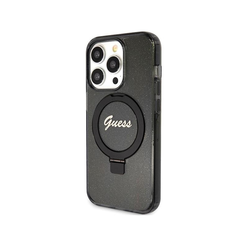 Etui Guess Ring Stand Script Glitter MagSafe na iPhone 15 Pro Max - czarne