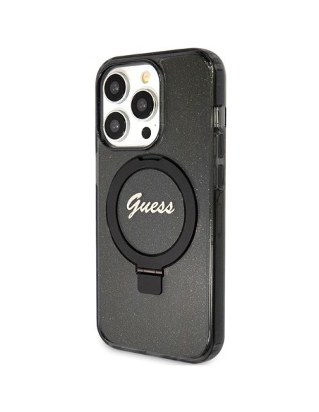 Etui Guess Ring Stand Script Glitter MagSafe na iPhone 15 Pro Max - czarne Etui Guess Ring Stand Script Glitter MagSafe na iPhone 15 Pro Max - czarne