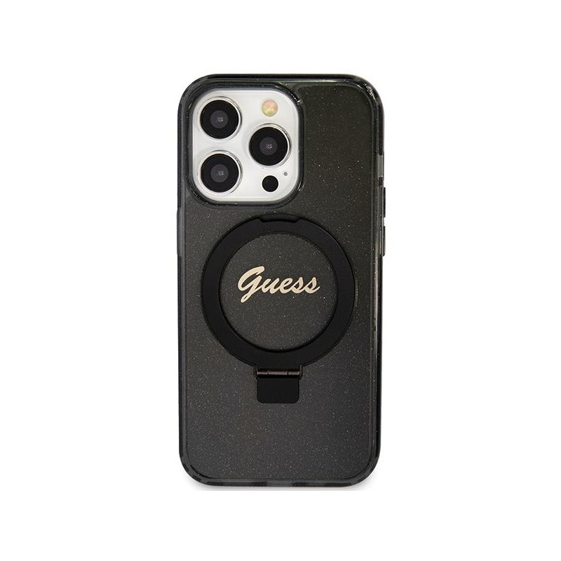Etui Guess Ring Stand Script Glitter MagSafe na iPhone 15 Pro Max - czarne