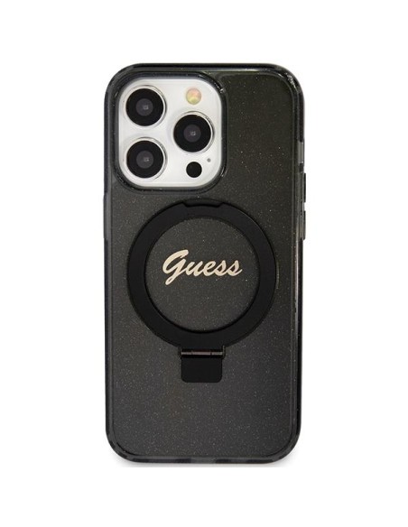 Etui Guess Ring Stand Script Glitter MagSafe na iPhone 15 Pro Max - czarne Etui Guess Ring Stand Script Glitter MagSafe na iPhone 15 Pro Max - czarne
