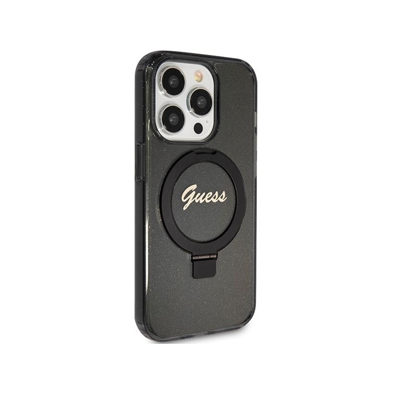 Etui Guess Ring Stand Script Glitter MagSafe na iPhone 15 Pro Max - czarne