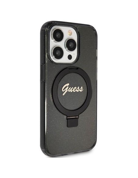 Etui Guess Ring Stand Script Glitter MagSafe na iPhone 15 Pro Max - czarne Etui Guess Ring Stand Script Glitter MagSafe na iPhone 15 Pro Max - czarne