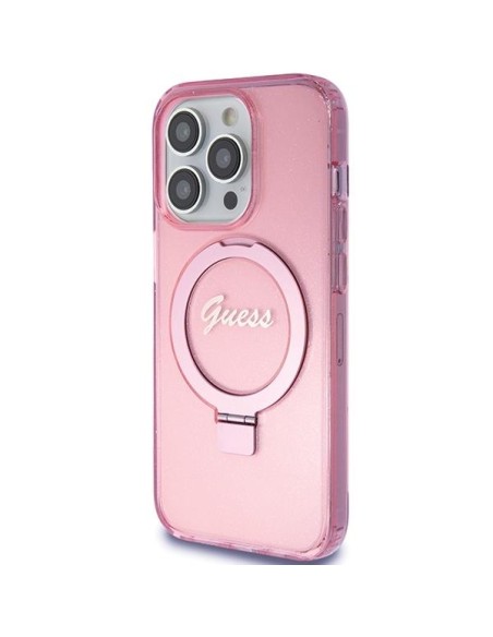 Etui Guess Ring Stand Script Glitter MagSafe na iPhone 15 Pro Max - różowe Etui Guess Ring Stand Script Glitter MagSafe na iPhone 15 Pro Max - różowe