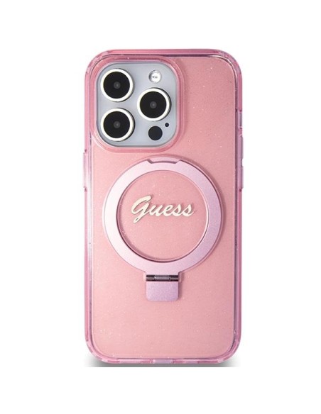 Etui Guess Ring Stand Script Glitter MagSafe na iPhone 15 Pro Max - różowe Etui Guess Ring Stand Script Glitter MagSafe na iPhone 15 Pro Max - różowe