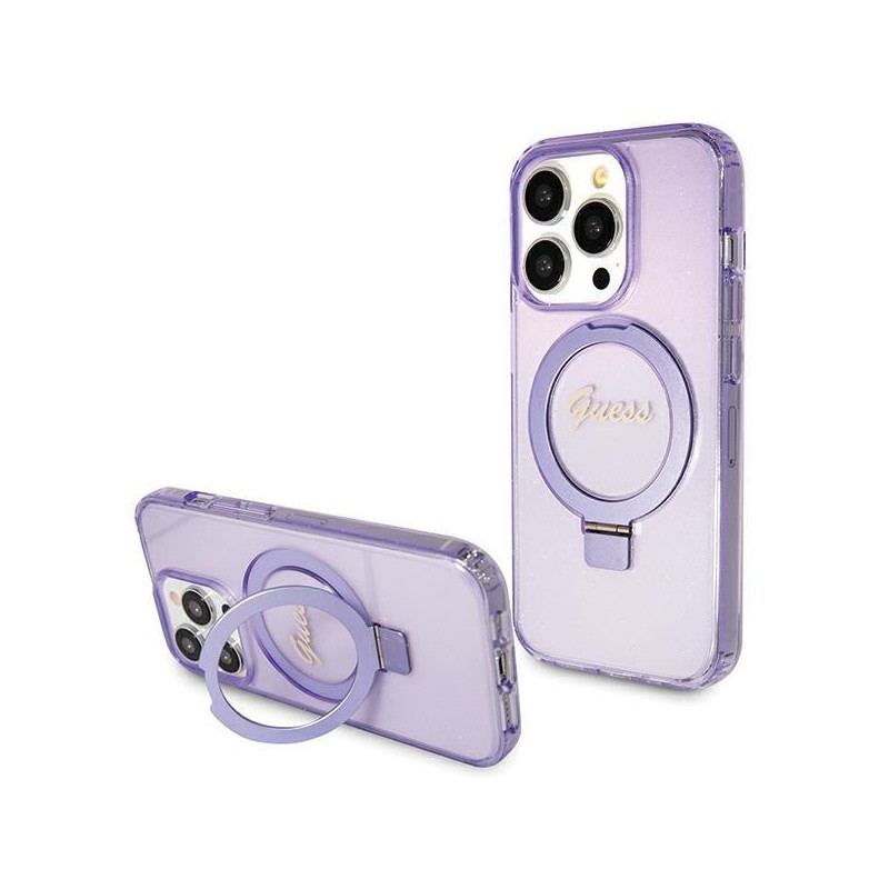 Etui Guess Ring Stand Script Glitter MagSafe na iPhone 15 Pro Max - fioletowe
