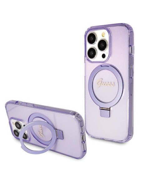 Etui Guess Ring Stand Script Glitter MagSafe na iPhone 15 Pro Max - fioletowe