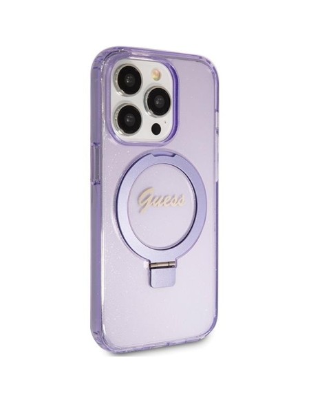 Etui Guess Ring Stand Script Glitter MagSafe na iPhone 15 Pro Max - fioletowe