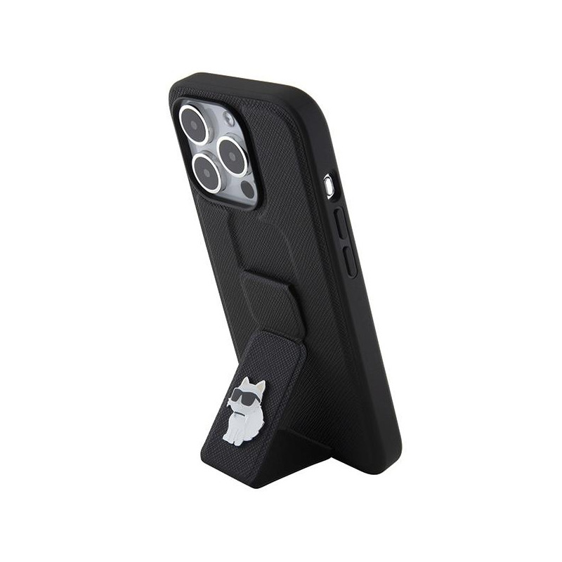 Etui Karl Lagerfeld Gripstand Saffiano Choupette Pins na iPhone 15 Pro - czarne