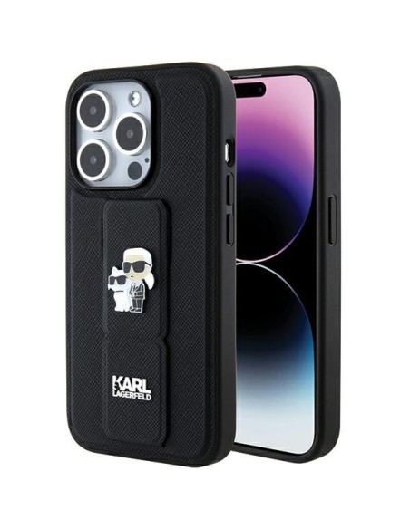Etui Karl Lagerfeld Gripstand Saffiano Karl&Choupette Pins na iPhone 15 Pro - czarne Etui Karl Lagerfeld Gripstand Saffiano Karl&Choupette Pins na iPhone 15 Pro - czarne