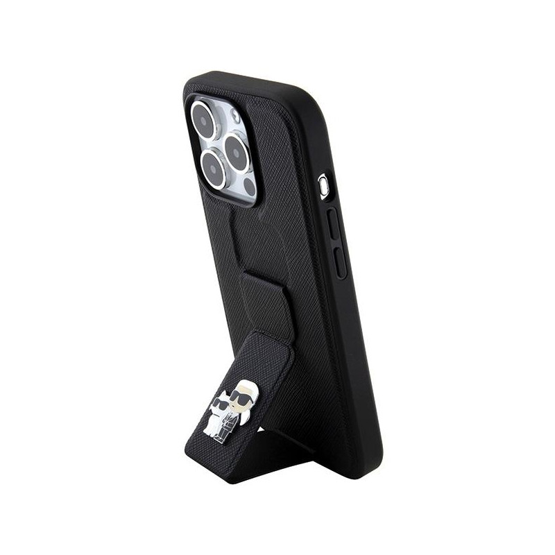 Etui Karl Lagerfeld Gripstand Saffiano Karl&Choupette Pins na iPhone 15 Pro - czarne