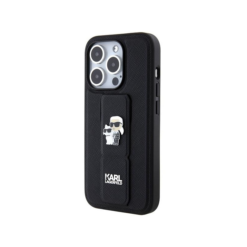 Etui Karl Lagerfeld Gripstand Saffiano Karl&Choupette Pins na iPhone 15 Pro - czarne