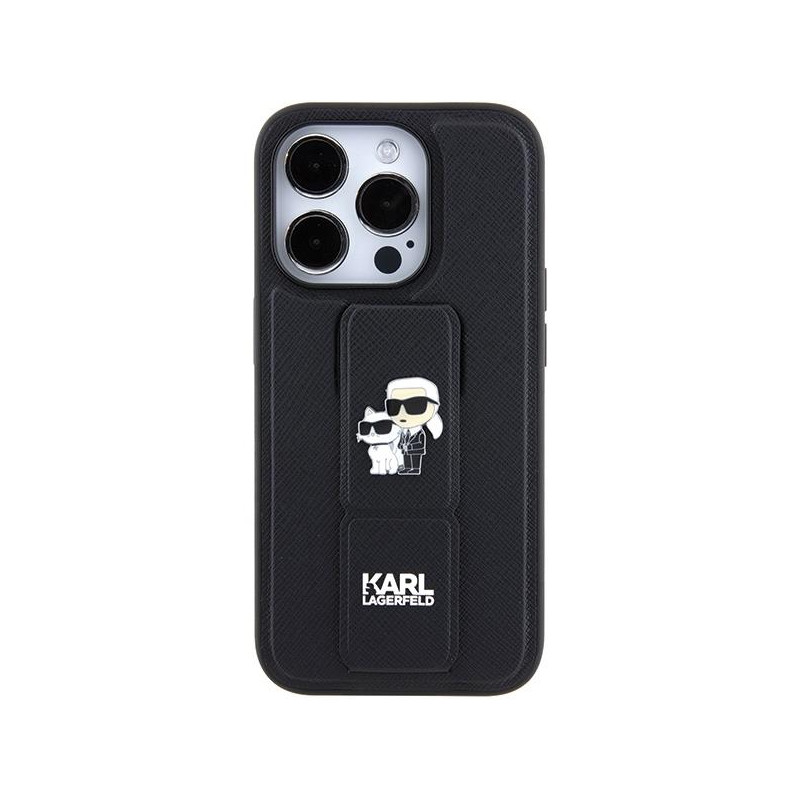 Etui Karl Lagerfeld Gripstand Saffiano Karl&Choupette Pins na iPhone 15 Pro - czarne