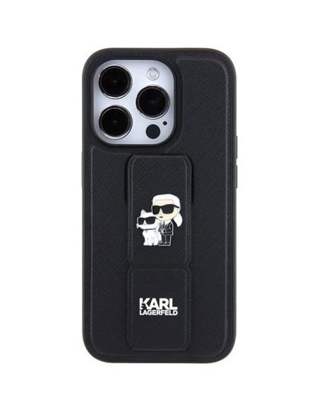 Etui Karl Lagerfeld Gripstand Saffiano Karl&Choupette Pins na iPhone 15 Pro - czarne Etui Karl Lagerfeld Gripstand Saffiano Karl&Choupette Pins na iPhone 15 Pro - czarne
