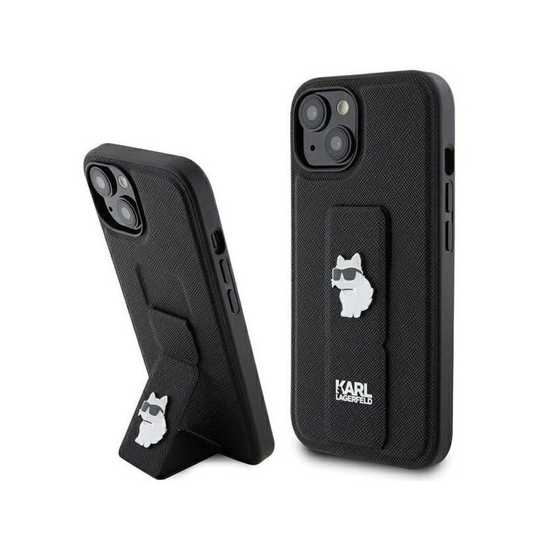 Etui Karl Lagerfeld Gripstand Saffiano Choupette Pins na iPhone 15 Plus / 14 Plus - czarne Etui Karl Lagerfeld Gripstand Saffiano Choupette Pins na iPhone 15 Plus / 14 Plus - czarne