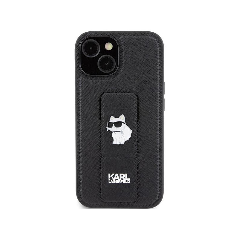 Etui Karl Lagerfeld Gripstand Saffiano Choupette Pins na iPhone 15 Plus / 14 Plus - czarne