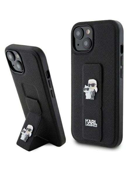 Etui Karl Lagerfeld Gripstand Saffiano Karl&Choupette Pins na iPhone 15 Plus / 14 Plus - czarne Etui Karl Lagerfeld Gripstand Saffiano Karl&Choupette Pins na iPhone 15 Plus / 14 Plus - czarne