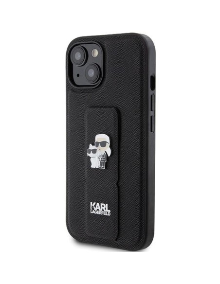 Etui Karl Lagerfeld Gripstand Saffiano Karl&Choupette Pins na iPhone 15 Plus / 14 Plus - czarne Etui Karl Lagerfeld Gripstand Saffiano Karl&Choupette Pins na iPhone 15 Plus / 14 Plus - czarne