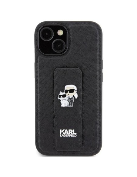 Etui Karl Lagerfeld Gripstand Saffiano Karl&Choupette Pins na iPhone 15 Plus / 14 Plus - czarne Etui Karl Lagerfeld Gripstand Saffiano Karl&Choupette Pins na iPhone 15 Plus / 14 Plus - czarne