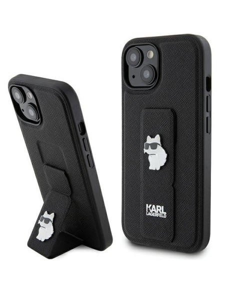 Etui Karl Lagerfeld Gripstand Saffiano Choupette Pins na iPhone 15 - czarne