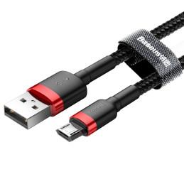 Patvarus lankstus kabelis USB microUSB kabelis QC3.0 2.4A 1M juodos ir raudonos spalvos