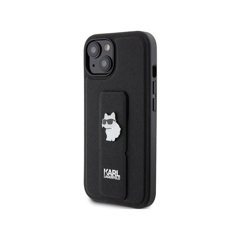 Etui Karl Lagerfeld Gripstand Saffiano Choupette Pins na iPhone 15 - czarne