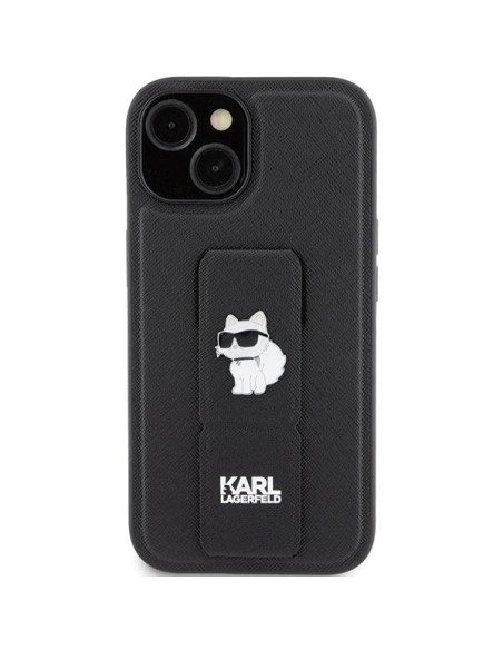 Etui Karl Lagerfeld Gripstand Saffiano Choupette Pins na iPhone 15 - czarne