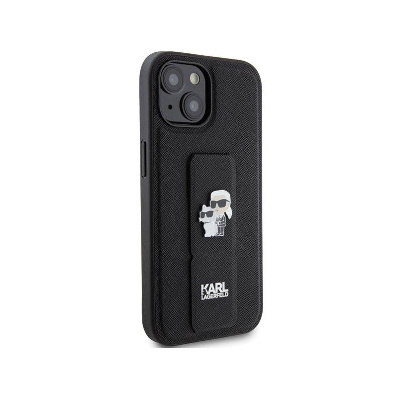 Etui Karl Lagerfeld Gripstand Saffiano Karl&Choupette Pins na iPhone 15 - czarne