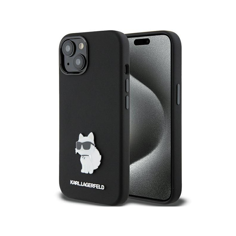 Etui Karl Lagerfeld Silicone Choupette Metal Pin na iPhone 15 - czarne Etui Karl Lagerfeld Silicone Choupette Metal Pin na iPhone 15 - czarne