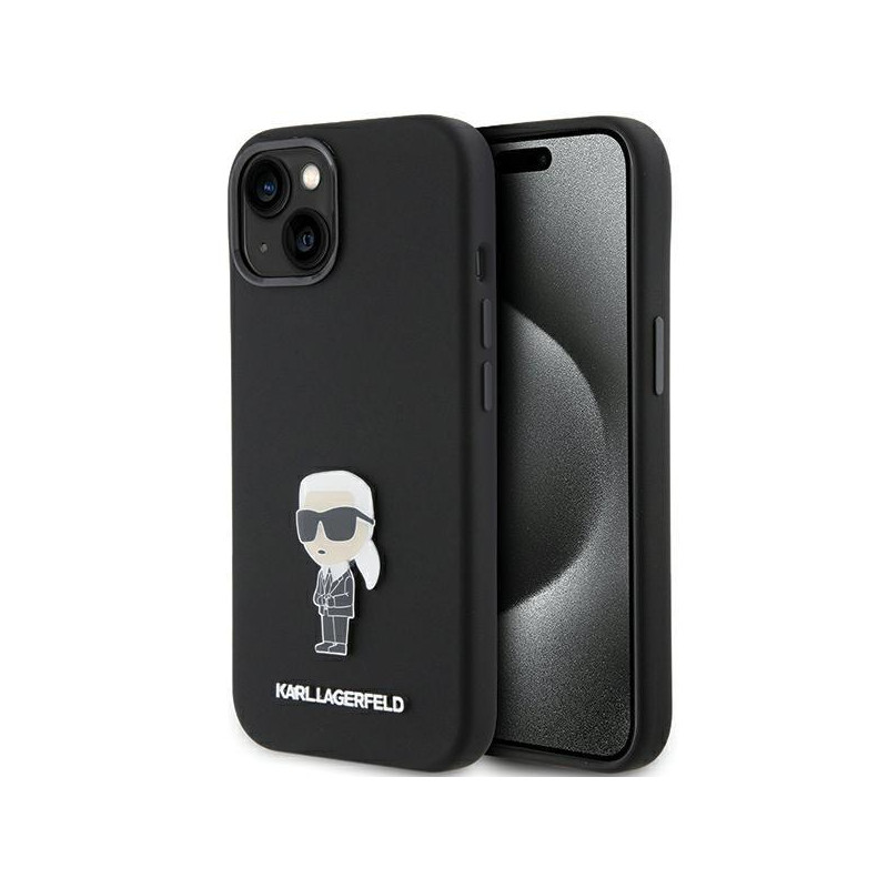 Etui Karl Lagerfeld Silicone Ikonik Metal Pin na iPhone 15 - czarne Etui Karl Lagerfeld Silicone Ikonik Metal Pin na iPhone 15 - czarne