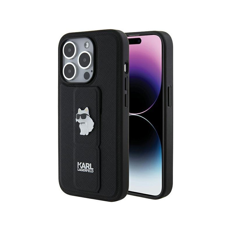 Etui Karl Lagerfeld Gripstand Saffiano Choupette Pins na iPhone 15 Pro Max - czarne